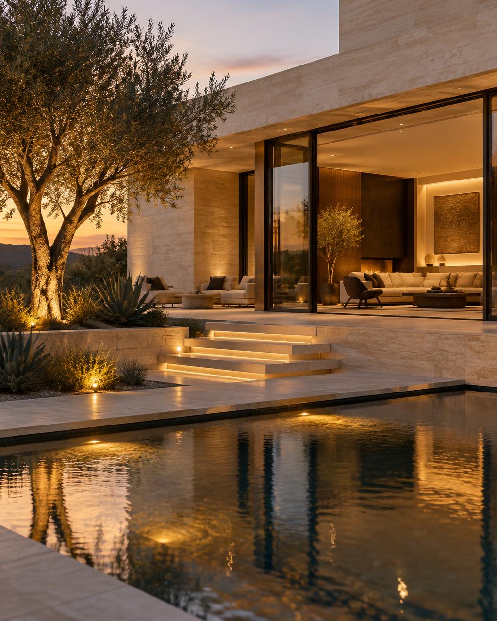Illuminated reflecting pool and stone patio of a modern luxury residence at dusk