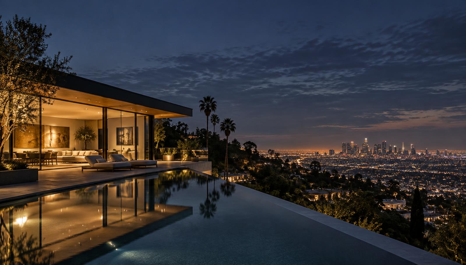 Modern luxury hillside residence glowing at blue hour above the Los Angeles skyline