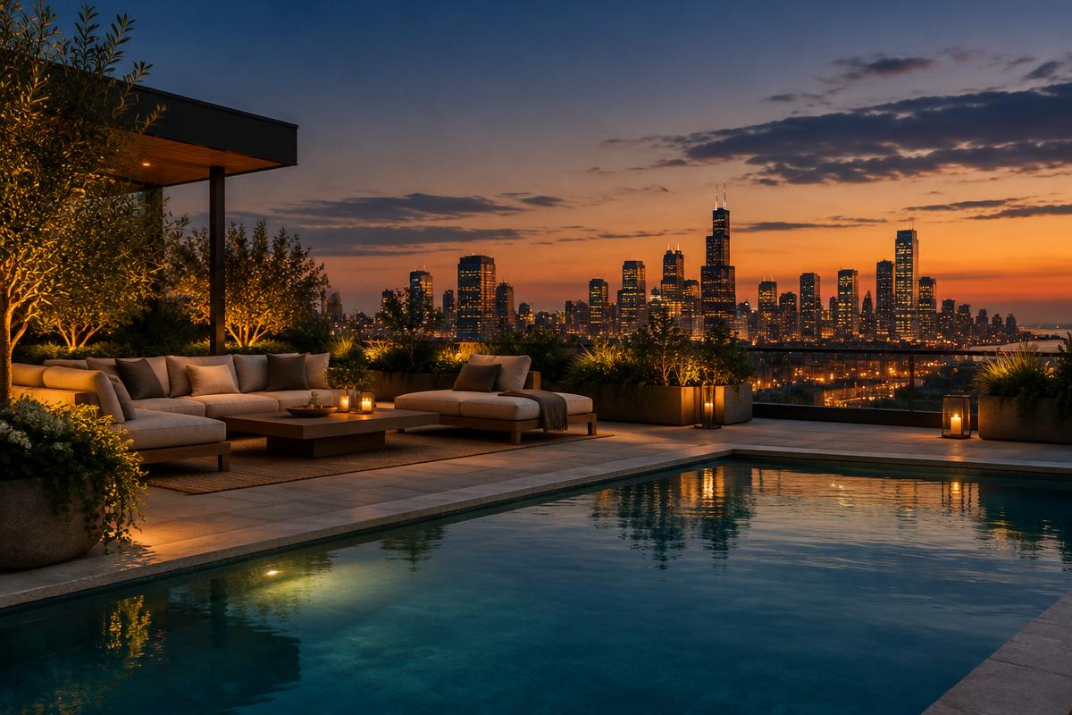 Luxury rooftop patio with lounge seating and a swimming pool overlooking a glowing city skyline at dusk