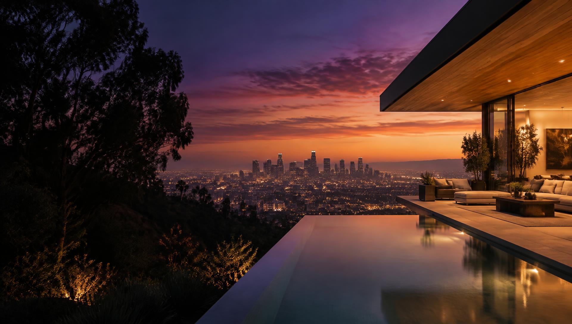 Luxury hillside residence overlooking the Los Angeles skyline at dusk