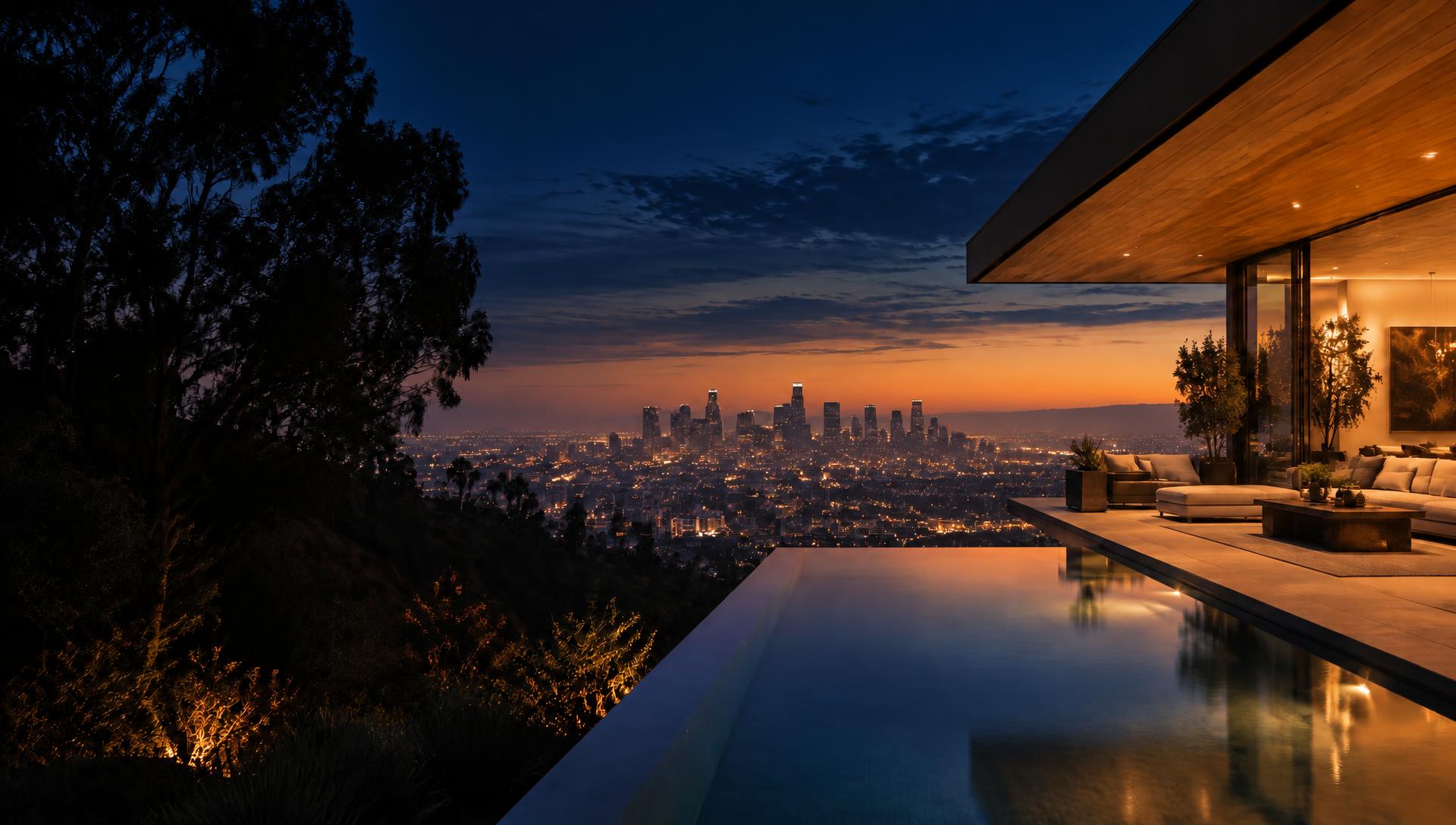 Luxury hillside residence overlooking the Los Angeles skyline at dusk