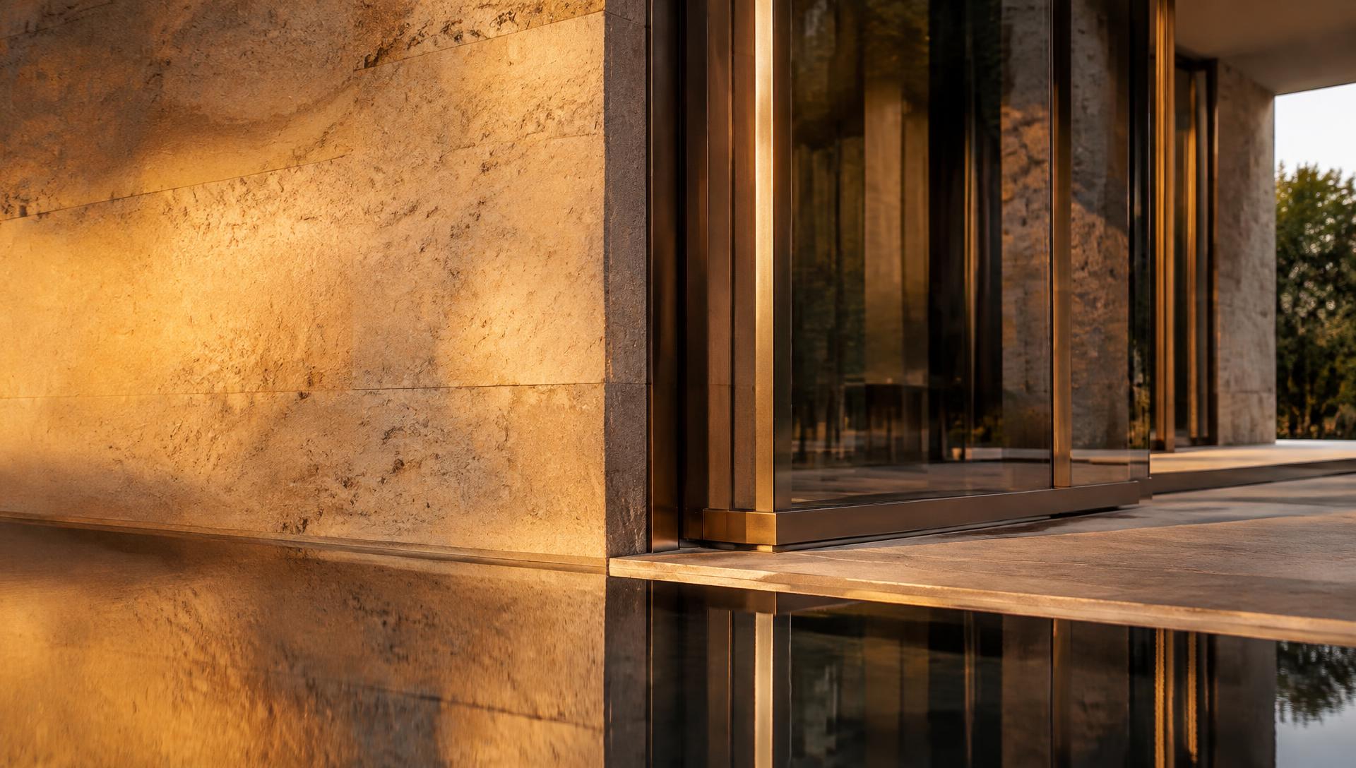 Travertine wall and bronze-framed glass at golden hour