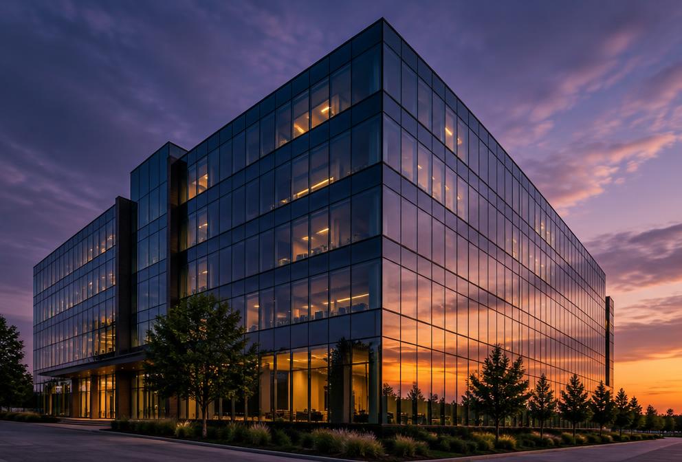 Modern glass-clad office building at dusk reflecting an amber sky