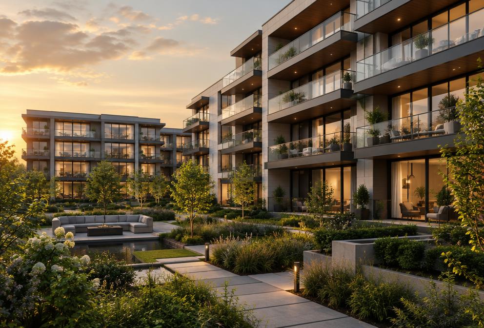 Modern condominium complex with rows of balconies and glass railings