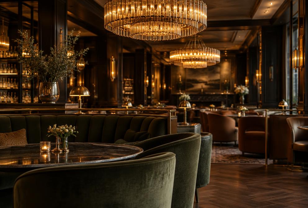 High-end restaurant lounge interior with large golden chandeliers