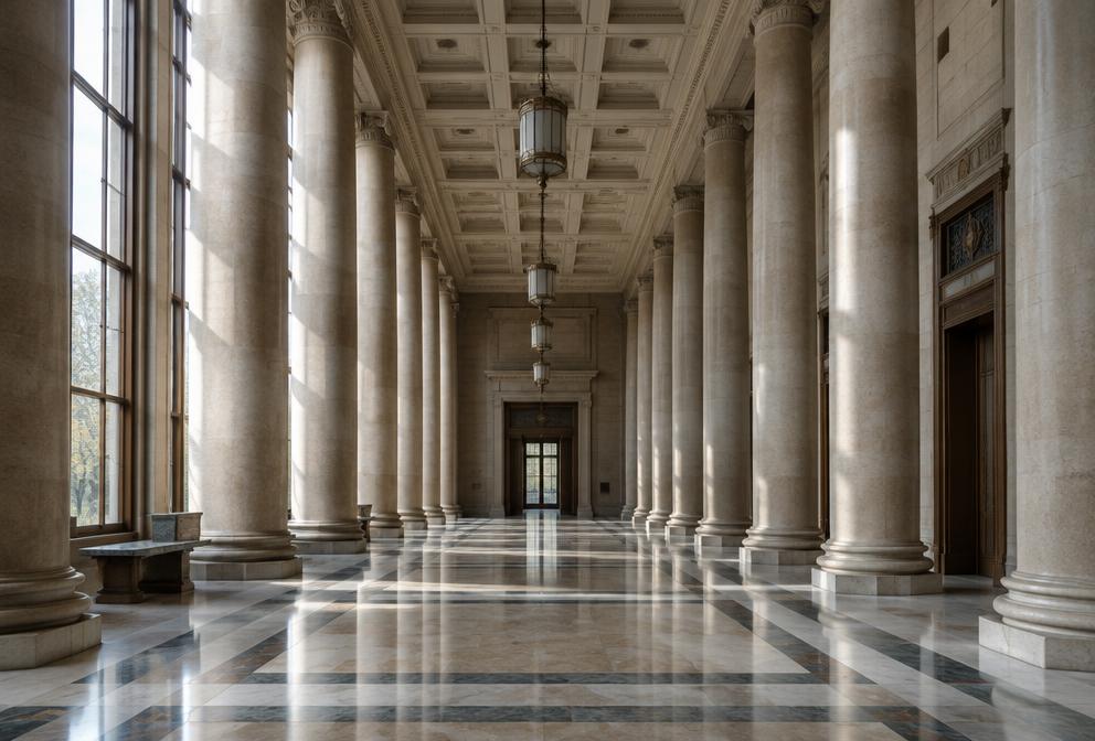 Grand institutional hallway with tall stone columns and a marble floor
