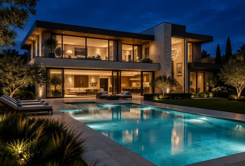 Modern two-story luxury home at night with a glowing lit swimming pool
