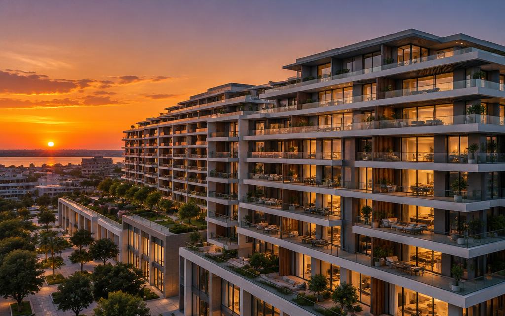 Expansive modern multi-tier building at sunset with rows of illuminated balconies