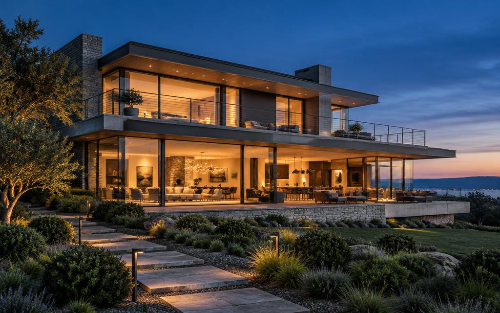 Modern glass-and-concrete luxury residence at twilight with glowing interior lights