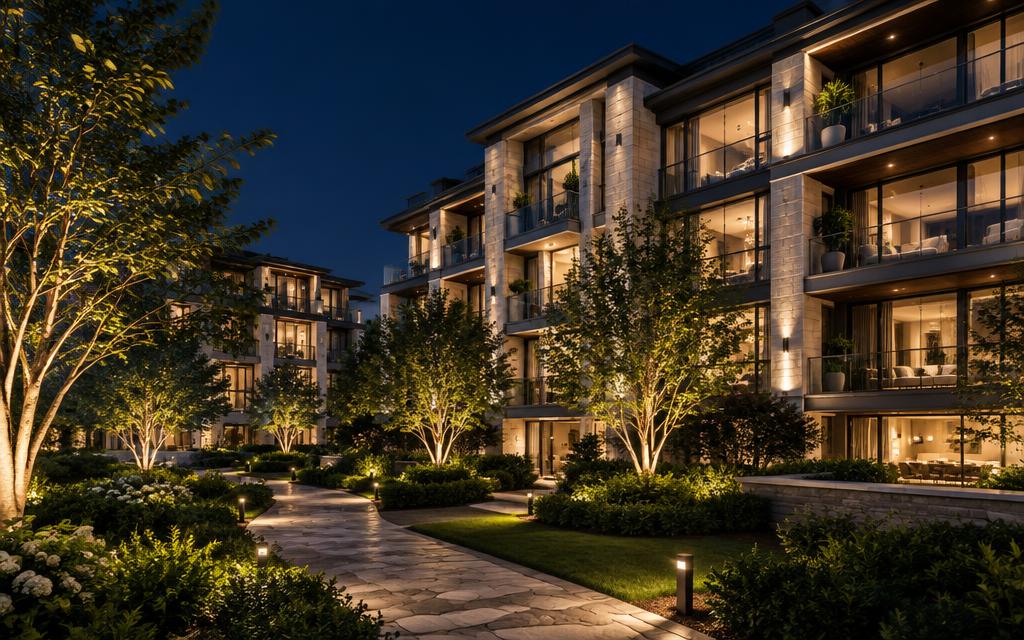 Luxury residential complex at night with facade lighting and an illuminated garden path